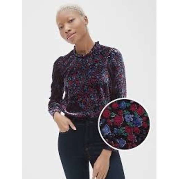GAP Tops - Gap Womens Floral‎ Velvet Puff Sleeve Mock Neck Ruffle Blouse Blue Red Black M